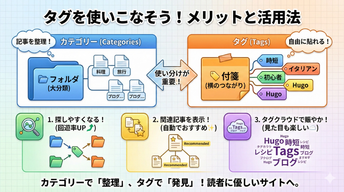 【Hugo入門】記事の回遊率を高める「タグ(Tags)」の設定方法と活用メリット