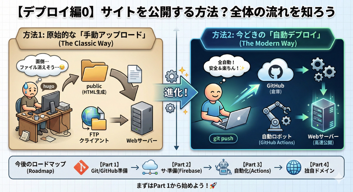 【Hugoデプロイ編0】静的サイトを世界へ公開する2つの方法(手動と自動)