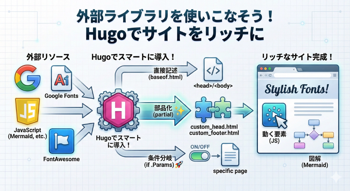 【Hugoカスタマイズ】Google FontsやMermaidなど外部ライブラリ・CSS/JSのスマートな読み込み方