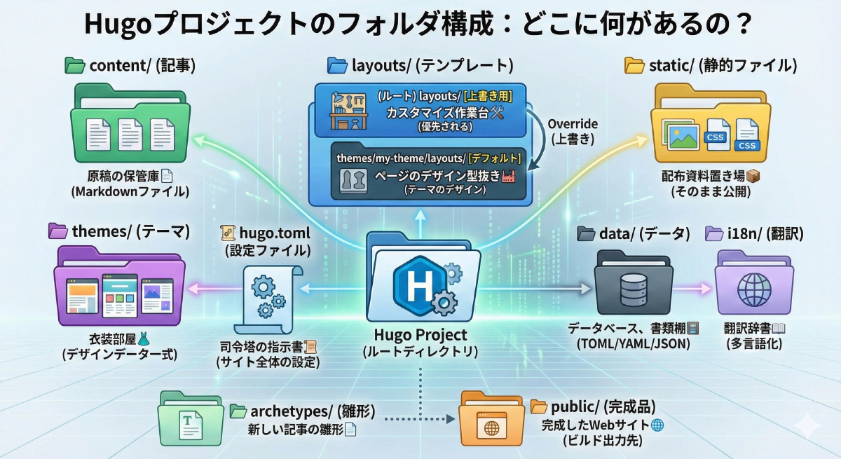 【Hugo入門】プロジェクトのフォルダ構成と役割(content, layouts, static)