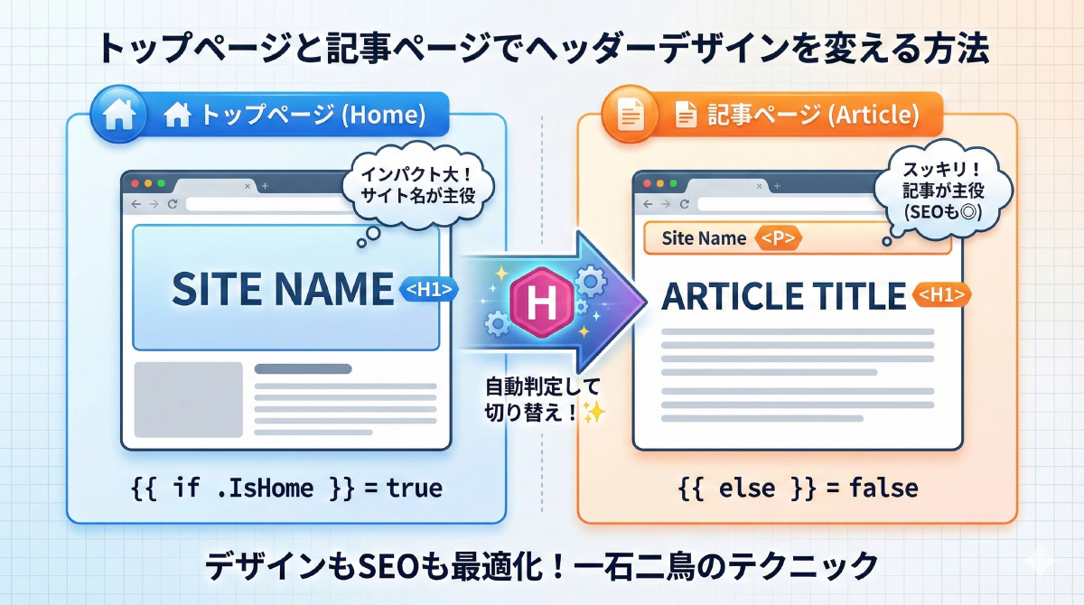 【Hugoレイアウト】トップページと記事ページでヘッダーデザイン(h1タグ)を切り替える条件分岐