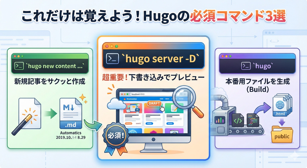 【Hugo超入門】開発でよく使う基本コマンド一覧(server, new, build)