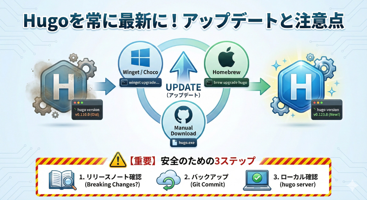 【Hugo運用】Hugoのバージョン確認・アップデート手順と注意点(Windows/Mac)
