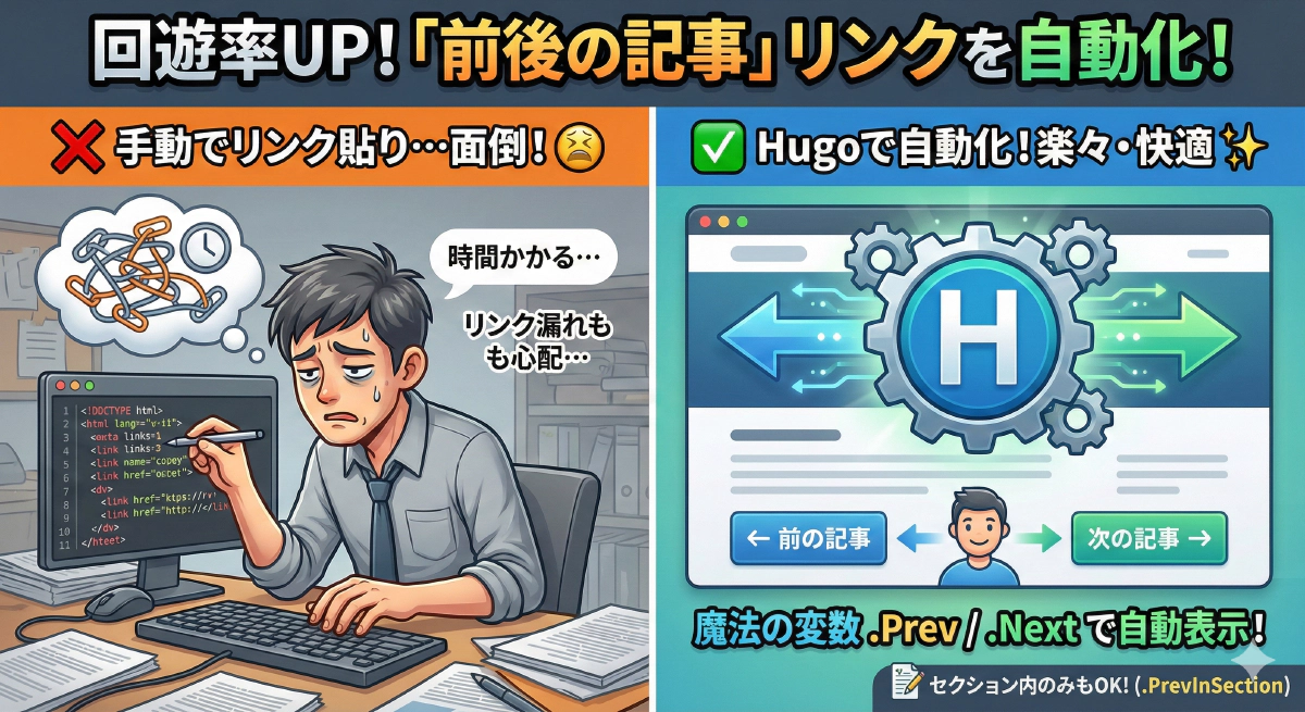 【Hugoカスタマイズ】「前の記事」「次の記事」へのリンクを自動表示する方法