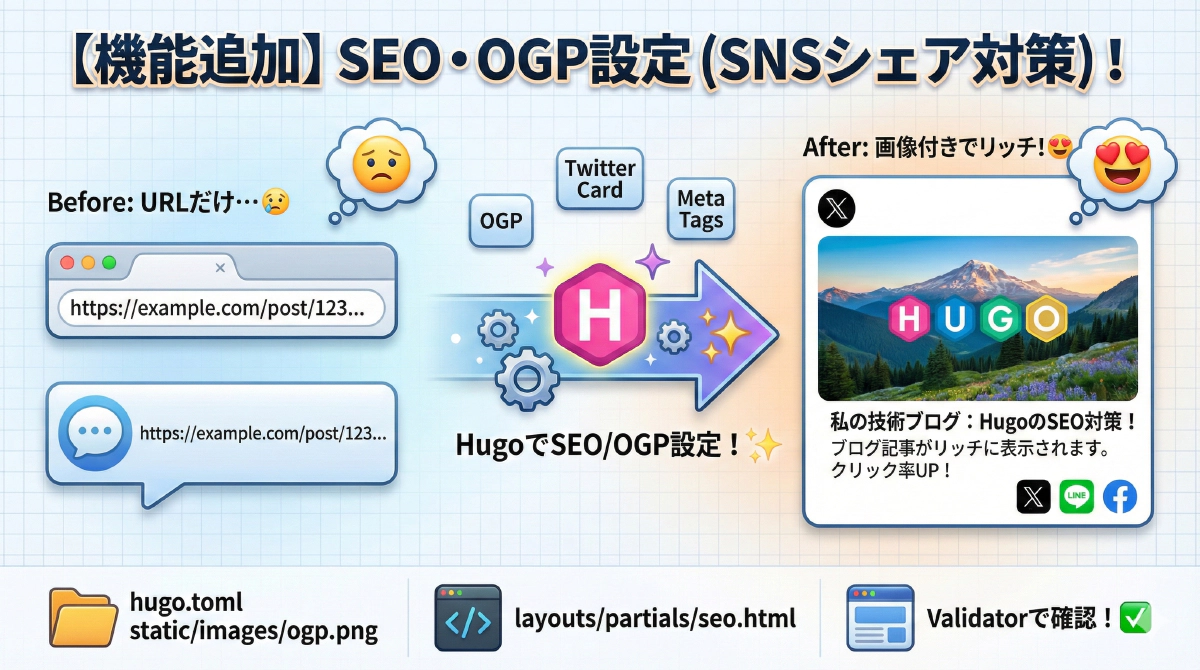【Hugo設定】SEO対策とSNSシェア(OGP・Twitter Card)のメタタグ自動出力設定