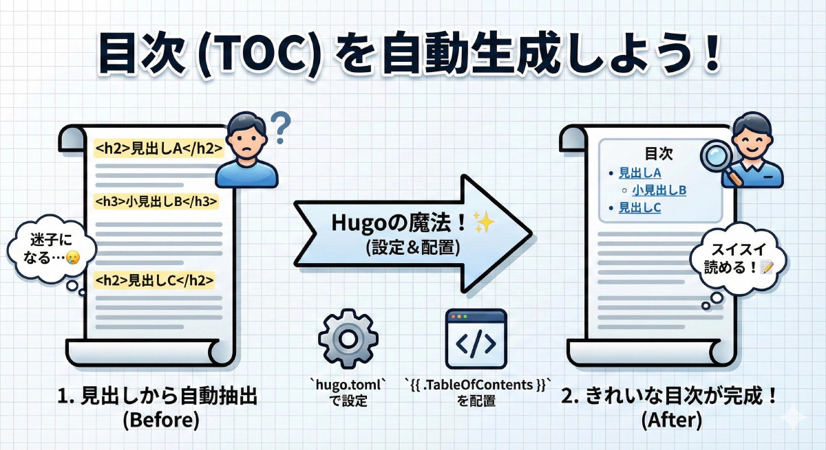【Hugo機能】記事の見出しから目次(TOC)を自動生成・表示する方法