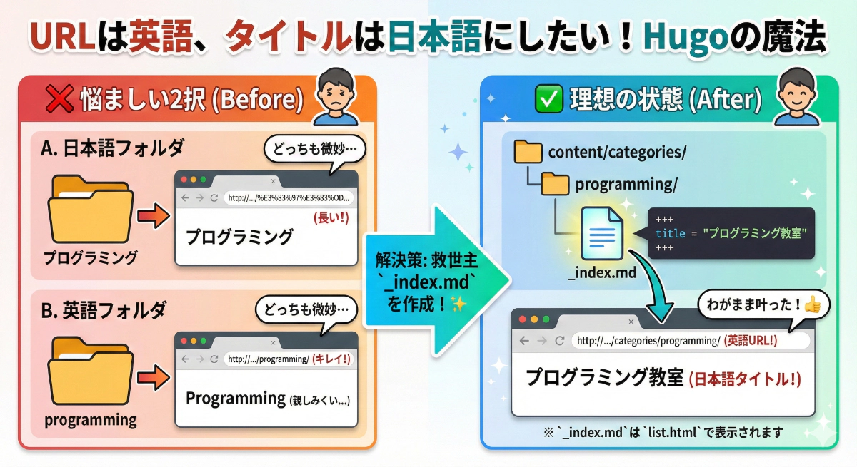 【Hugo小技】カテゴリーのURLを英語、表示タイトルを日本語にする方法(_index.md)