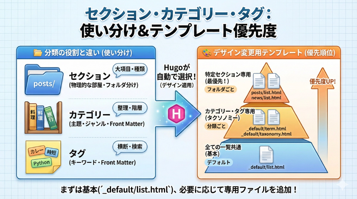 【Hugo入門】セクション・カテゴリー・タグ(Taxonomy)の違いと使い分け・テンプレート設定