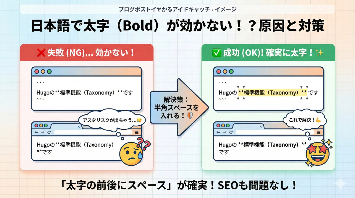 【Hugoトラブル】Markdownで日本語の太字(Bold)が効かない原因と解決策