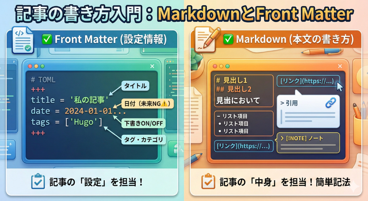 【Hugo初心者向け】記事の書き方入門:MarkdownとFront Matterの基礎